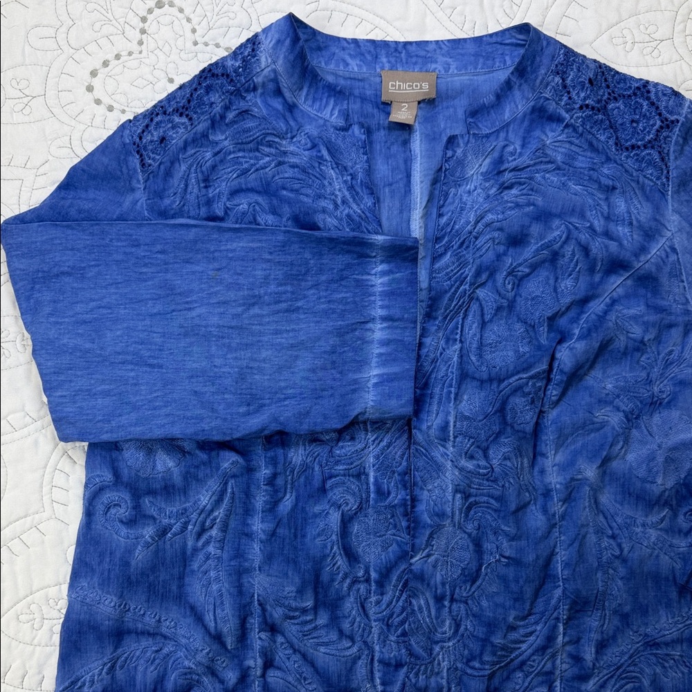 Chico's Blue Embroidered Open Front Shirt Jacket  - Women’s Large 3/4 Sleeve Top